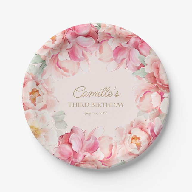 Pink Floral Blossom Girl Birthday Paper Plate (Front)