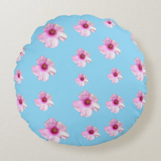 Pink Floral Blossom Light Blue Round Pillow