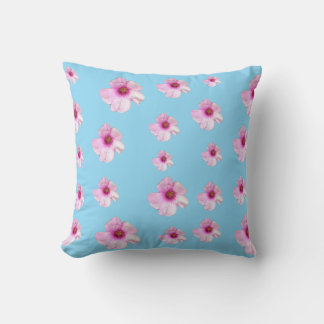 Pink Floral Blossom Light Blue Throw Pillow