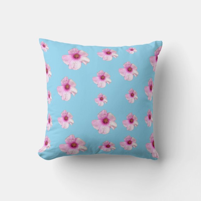 Pink Floral Blossom Light Blue Throw Pillow (Front)