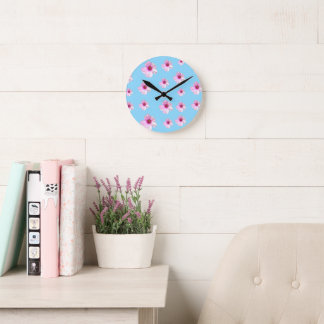 Pink Floral Blossom Light Blue Wall Clock
