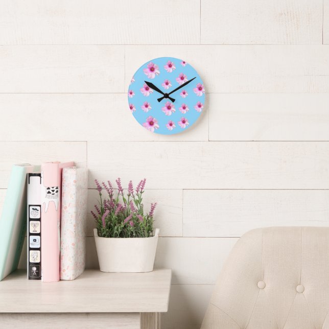 Pink Floral Blossom Light Blue Wall Clock (Reading Room)
