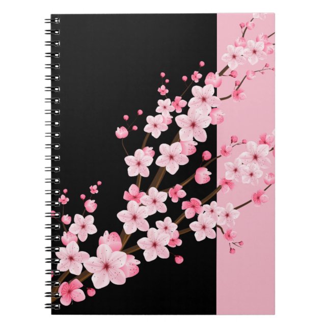Pink Floral Blossoms Black & Pink Towel Notebook (Front)