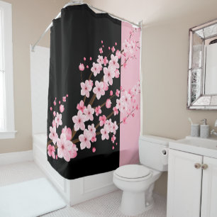 Pink Floral Blossoms Black & Pink Towel Shower Curtain