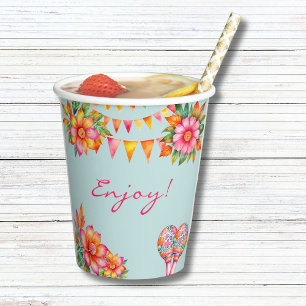 Pink Floral Blue Fiesta 1st Birthday Paper Cups
