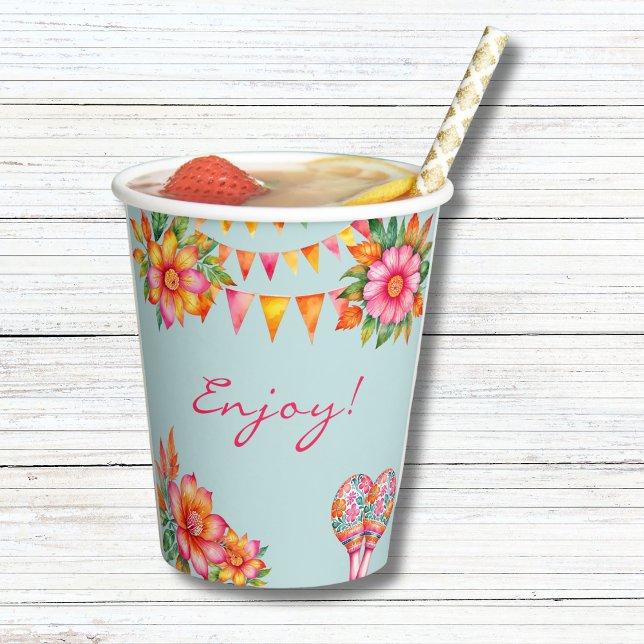 Pink Floral Blue Fiesta 1st Birthday Paper Cups (Creator Uploaded)