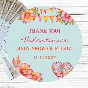 Pink Floral Blue Fiesta Baby Shower Thank You Classic Round Sticker