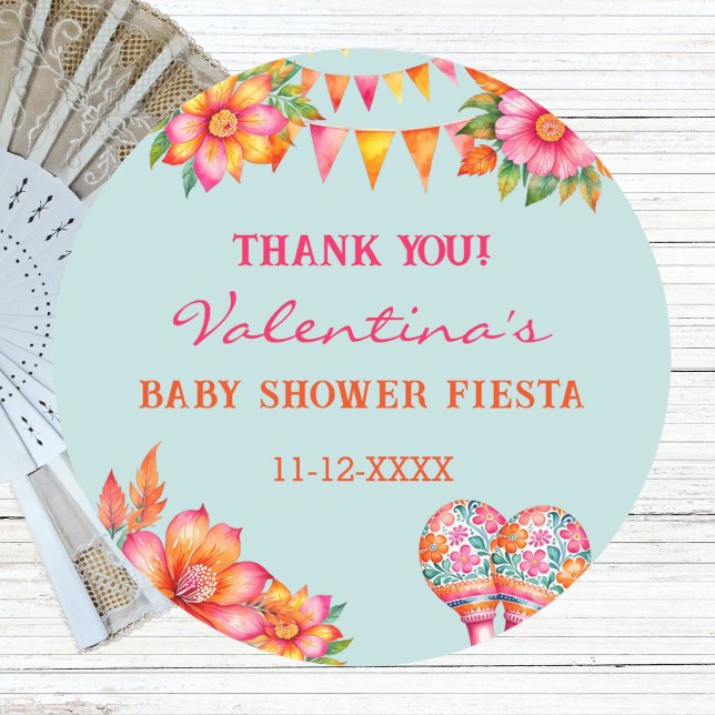 Pink Floral Blue Fiesta Baby Shower Thank You Classic Round Sticker (Creator Uploaded)