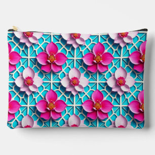 🌸 Pink Floral Blue Geometric Pouch Makeup Bag ✨