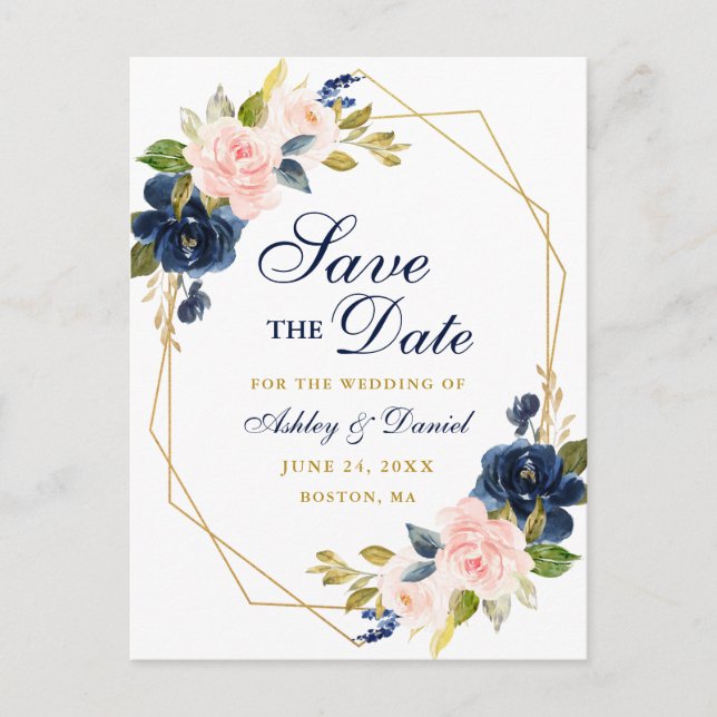 Pink Floral Blue Gold Frame Save the Date Postcard (Front)
