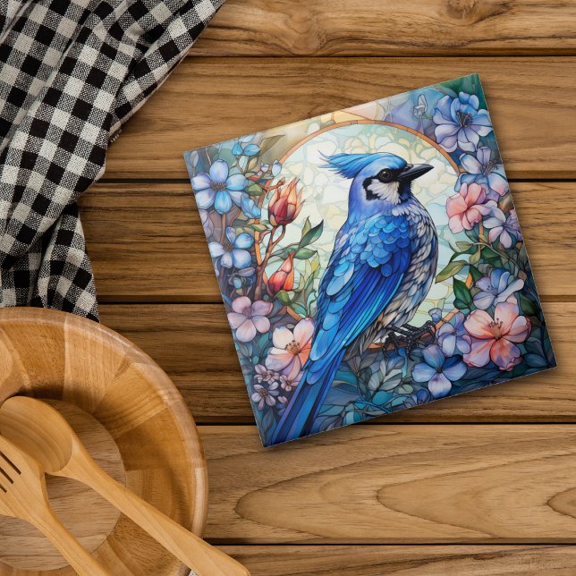 Pink Floral Blue Jay Bird Stained Glass Tile (Creator Uploaded)