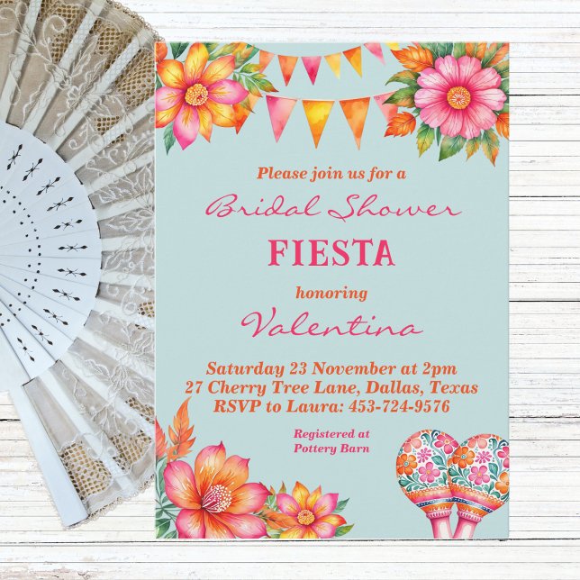 Pink Floral Blue Mexican Fiesta Bridal Shower Invitation (Creator Uploaded)