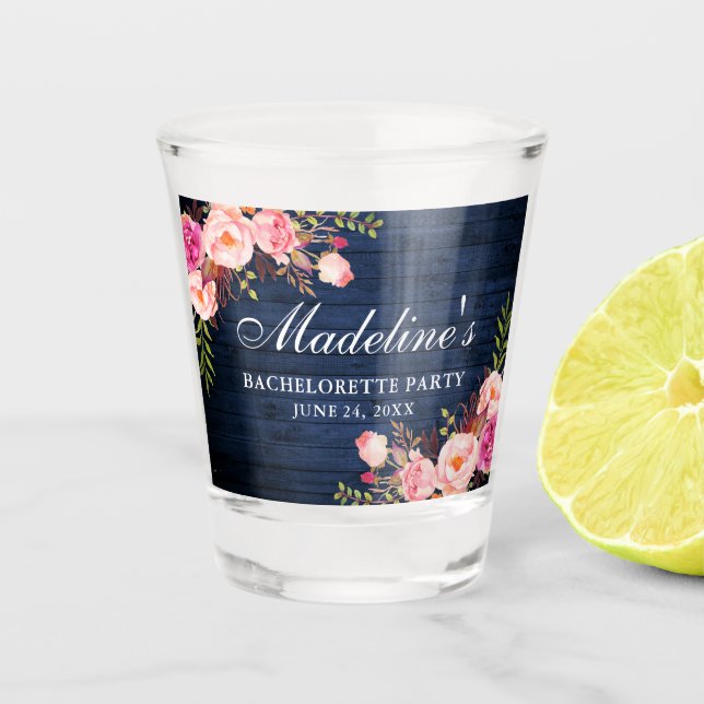 Pink Floral Blue Wood Bachelorette Party Shot Glass (Front)