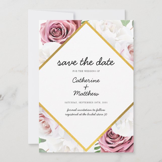 Pink Floral Blush Gold Geometric Save The Date (Front)