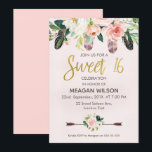 Pink Floral Boho 16th Birthday Invitation<br><div class="desc">Looking for a bohemian sweet sixteen birthday invitation? This design features a large floral arrangement and feathers in the top section of the invitation. I've added some flowers in the lower half of the design as well that sit on top of some watercolor arrows. The faux gold foil calligraphy sweet...</div>
