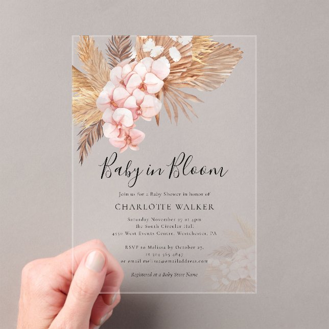 Pink Floral Boho Baby in Bloom Pampas Grass Shower Acrylic Invitations (Insitu (Handheld))
