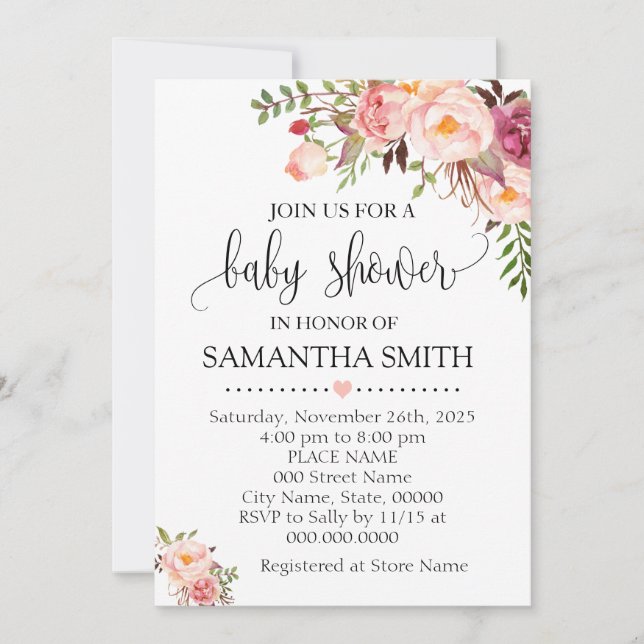 Pink floral boho chic baby shower invitation (Front)