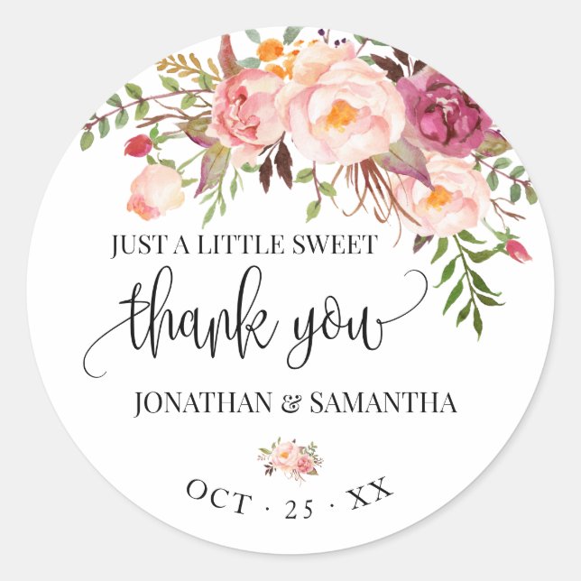 Pink floral boho chic wedding thank you classic round sticker (Front)
