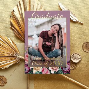 Pink Floral Boho Gold Foil Graduation Announcement