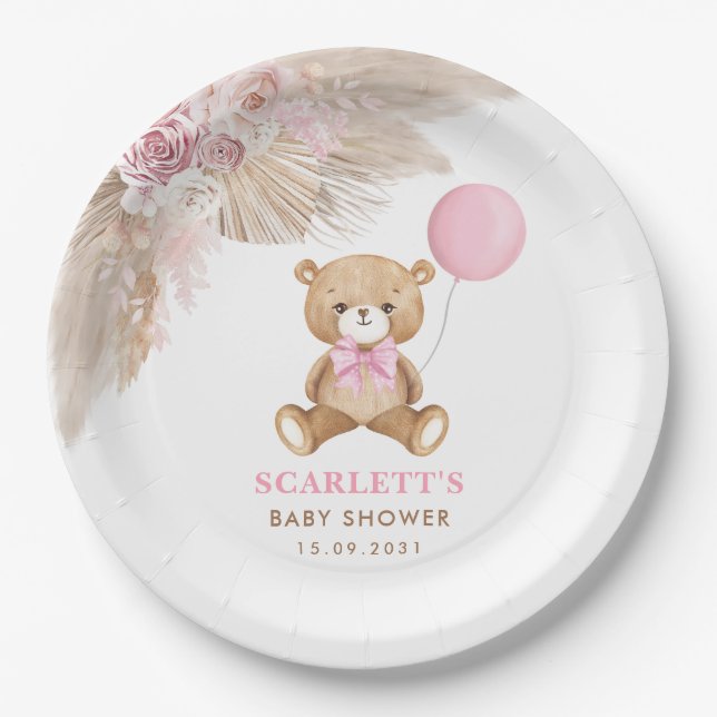 Pink Floral Boho Teddy Bear Balloon Baby Girl Paper Plate (Front)