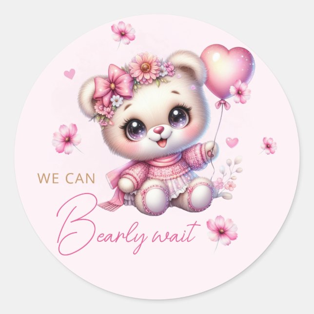 Pink Floral Boho Teddy Bear Girl Baby Shower Classic Round Sticker (Front)