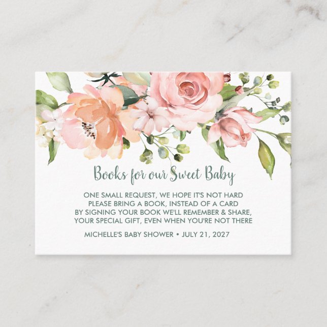 Pink floral Book Request Baby Shower Referral Card (Front)