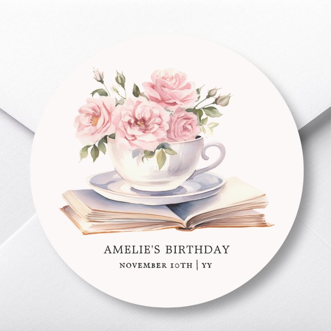 Pink Floral Book Theme Birthday Favour Sticker (Creator Uploaded)