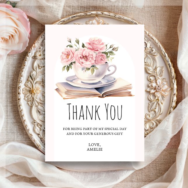 Pink Floral Book Theme Birthday  Thank You Card (Creator Uploaded)