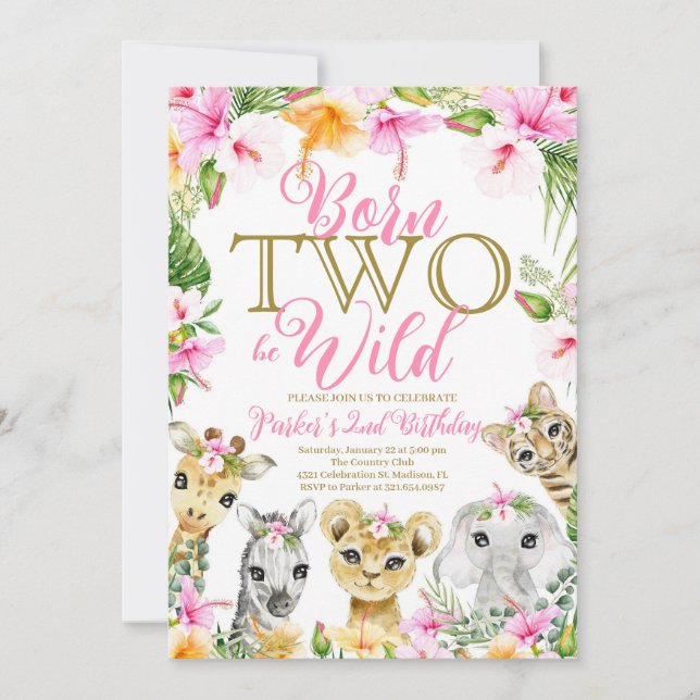 Pink Floral Born Two be Wild Jungle Birthday Girl Invitation (Front)