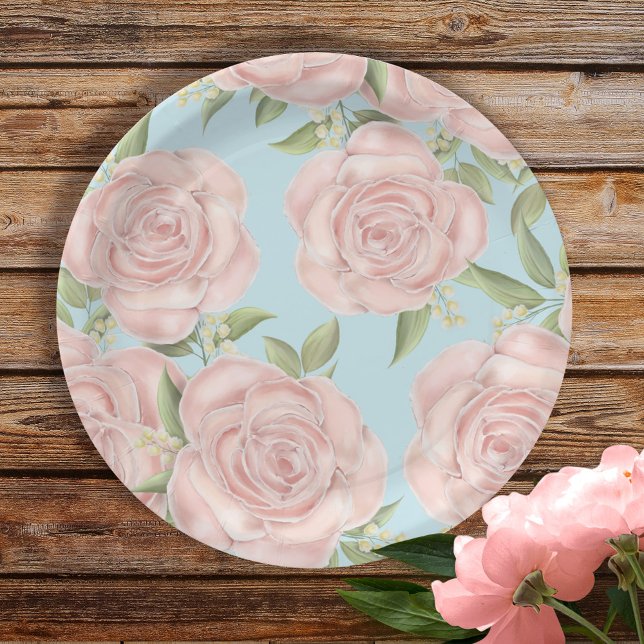 Pink Floral Botanical Blush Rose Pretty Pattern  Paper Plate (Creator Uploaded)