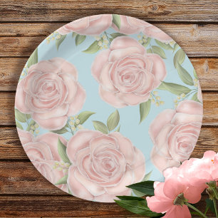 Pink Floral Botanical Blush Rose Pretty Pattern  Paper Plate