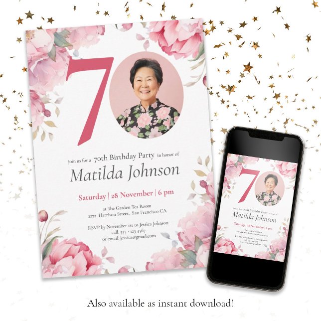 Pink Floral Botanical Custom Photo 70th Birthday Invitation (70th Birthday Pink Floral Botanical Custom Photo Invitation
)