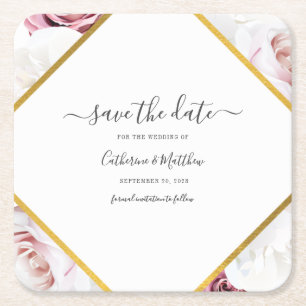 Pink Floral Botanical Geometric Save The Date Square Paper Coaster