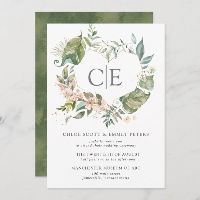 Pink Floral Botanical Rustic Heart Wedding Invitation (Front/Back)