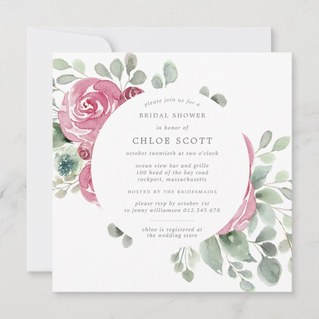 Pink Floral Botanical Square Bridal Shower Invitation (Front)