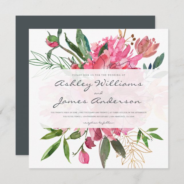 Pink Floral Botanical Wedding Invitation | Square (Front/Back)