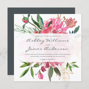 Pink Floral Botanical Wedding Invitation Square