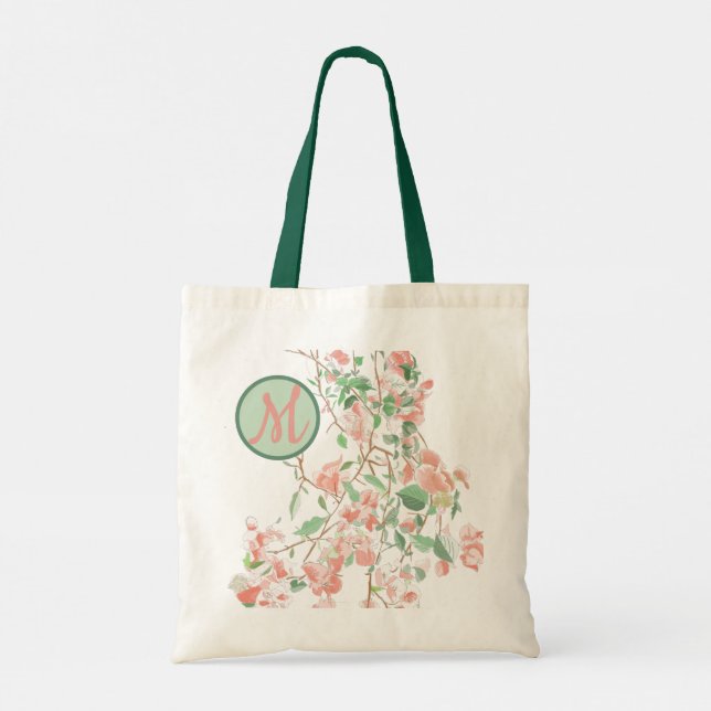 Pink Floral Bougainvillea Monogram Watercolor Tote Bag (Back)