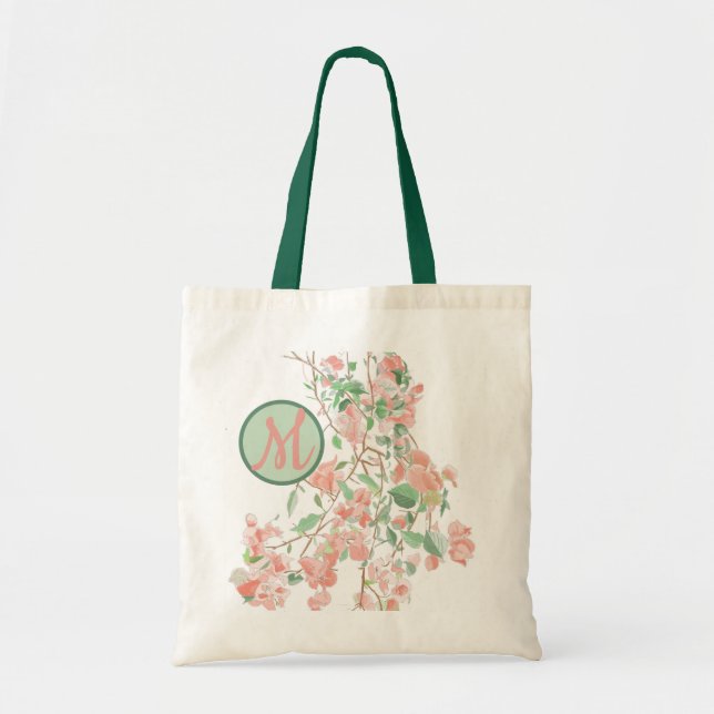 Pink Floral Bougainvillea Monogram Watercolor Tote Bag (Front)