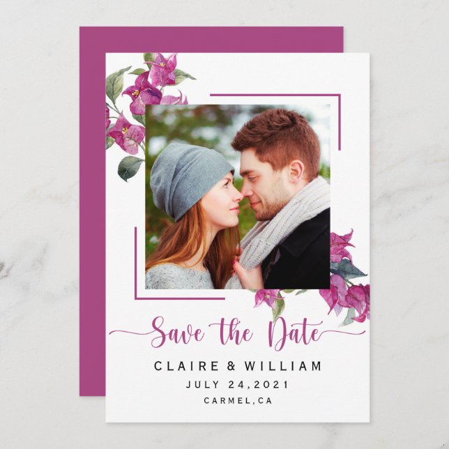 Pink Floral Bougainvillea Wedding Save the Date (Front/Back)
