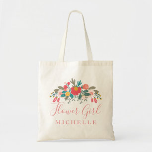 Pink Floral Bouquet Flower Girl with Name Tote Bag