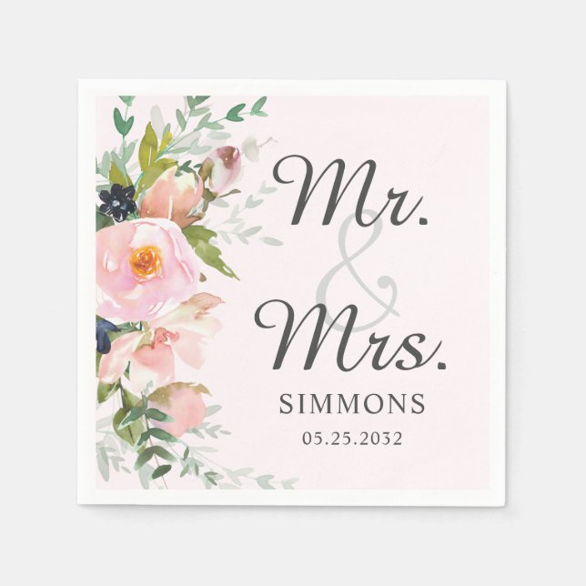 Pink Floral Bouquet Mr. & Mrs. Wedding Reception Napkin (Front)