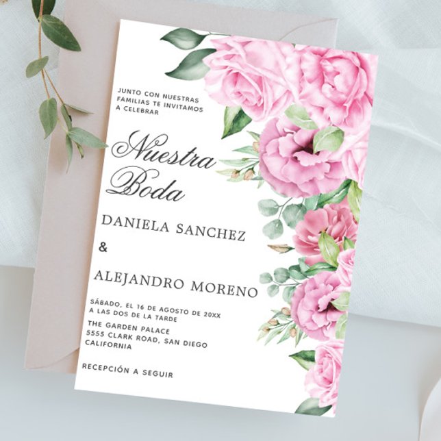 Pink Floral Bouquet Nuestra Boda Spanish Wedding Invitation (Creator Uploaded)