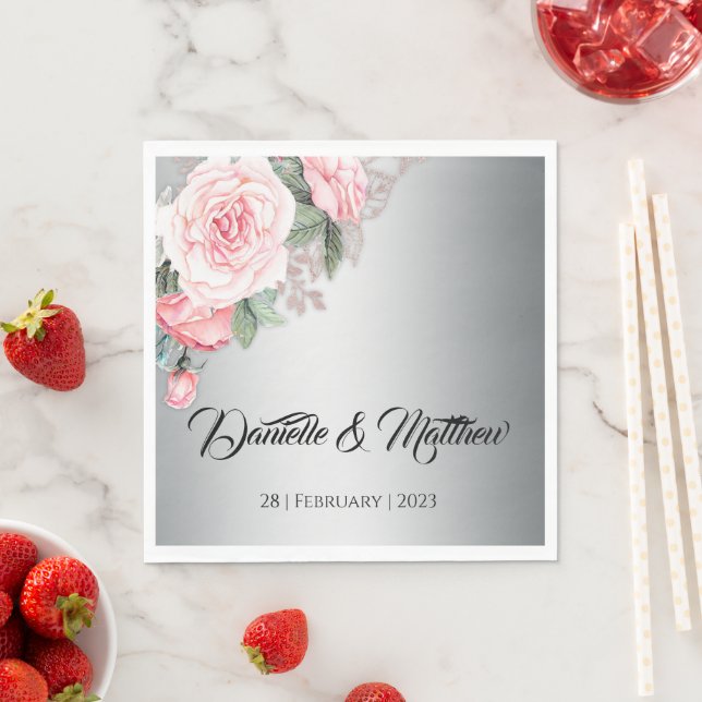 Pink Floral Bouquet on Luxurious Silver Wedding Napkin (Insitu)