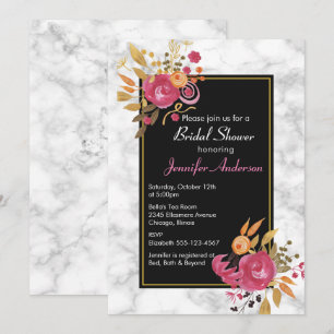 Pink Floral Bouquet on White Marble Bridal Shower Invitation