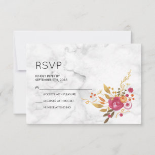 Pink Floral Bouquet on White Marble Wedding RSVP Card