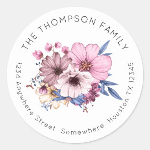 Pink Floral Bouquet Return Name Address Classic Round Sticker