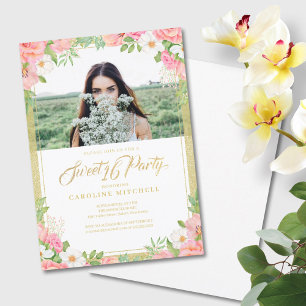 Pink Floral Bouquet Rose Sweet 16 Party Photo Invitation