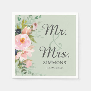 Pink Floral Bouquet Sage Green Mr. & Mrs. Wedding Napkin