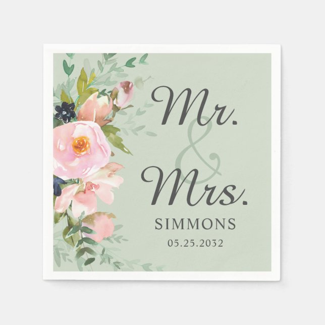 Pink Floral Bouquet Sage Green Mr. & Mrs. Wedding Napkin (Front)